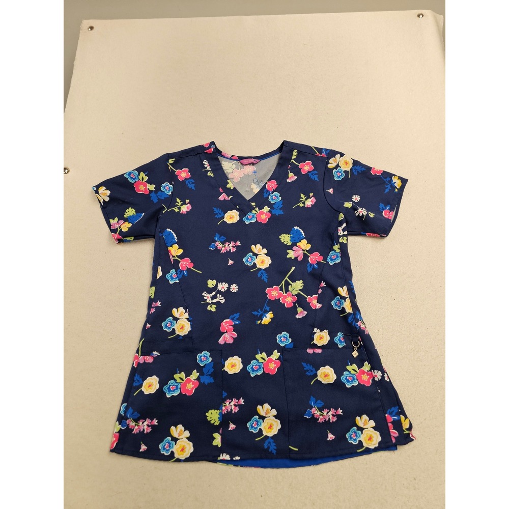 Vera Bradley Floral Scrub Top Navy Blue V-Neck Medical Uniform XS
